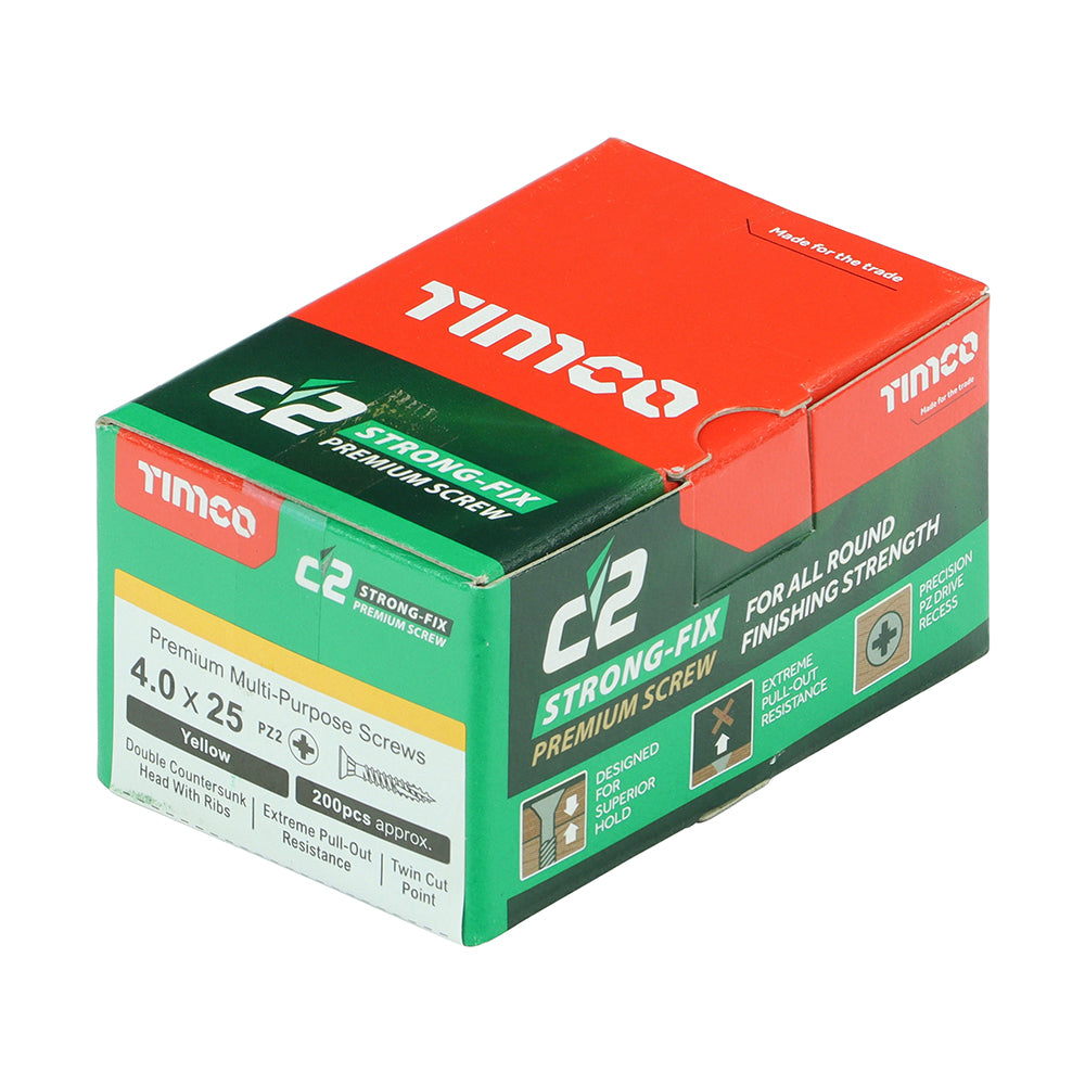 This is an image of Timco - C2 Strong-Fix Screws - PZ - Double Countersunk - Twin-Cut - Yellow 4.0 x 25mm - (200 PCS Box) 40025C2
