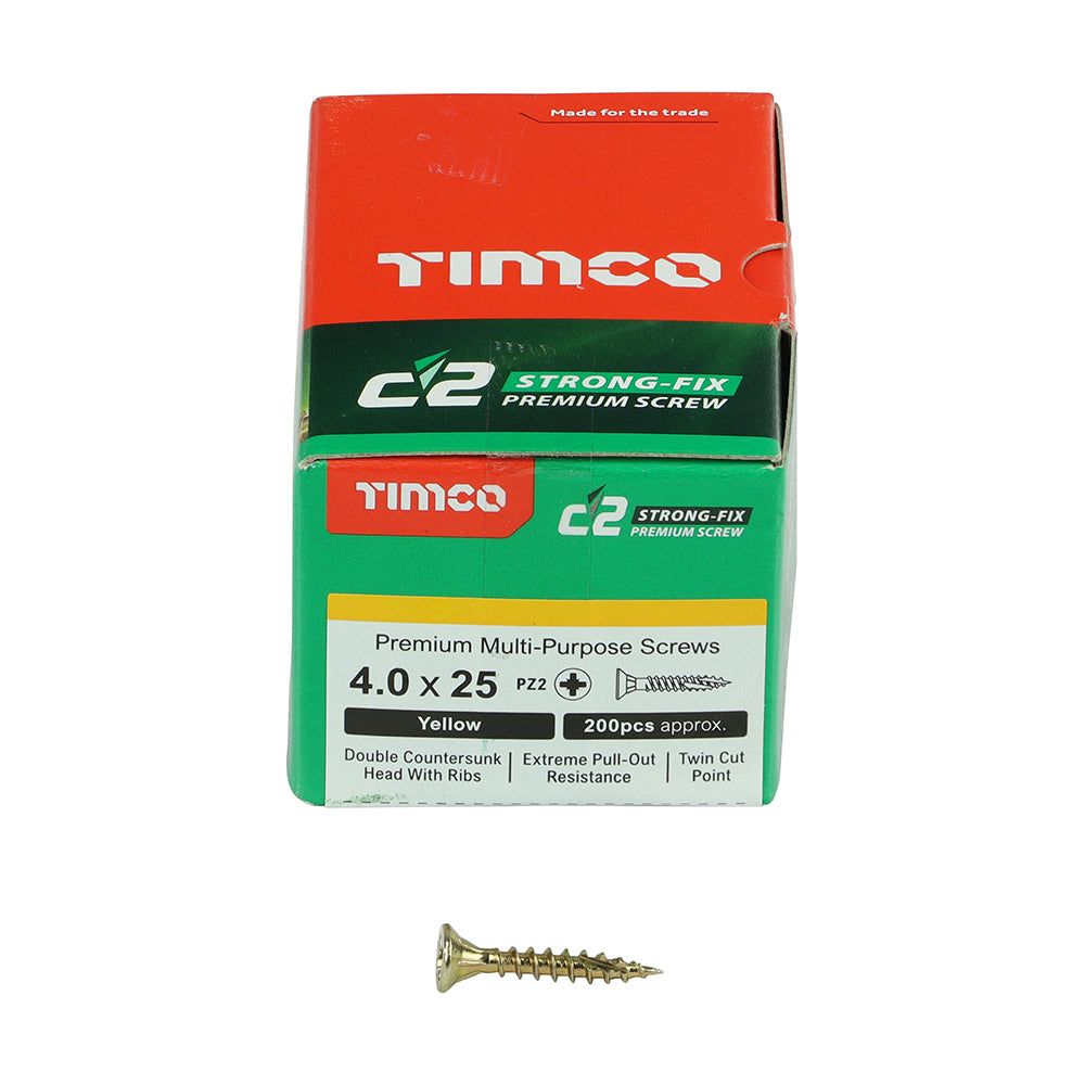 This is an image of Timco - C2 Strong-Fix Screws - PZ - Double Countersunk - Twin-Cut - Yellow 4.0 x 25mm - (200 PCS Box) 40025C2