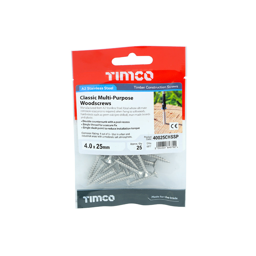 This is an image of Timco - Classic Multi-Purpose Screws - PZ - Double Countersunk - Stainless Steel 4.0 x 25mm - (25 PCS TIMpac) 40025CHSSP