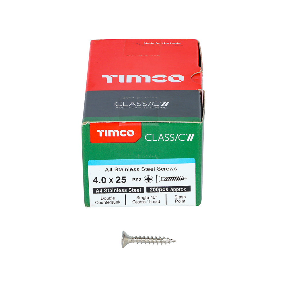 This is an image of Timco - Classic Multi-Purpose Screws - PZ - Double Countersunk - A4 Stainless Steel 4.0 x 25mm - (200 PCS Box) 40025CLA4