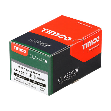 This is an image of Timco - Classic Multi-Purpose Screws - PZ - Double Countersunk - Exterior - Black Organic 4.0 x 25mm - (200 PCS Box) 40025CLAB