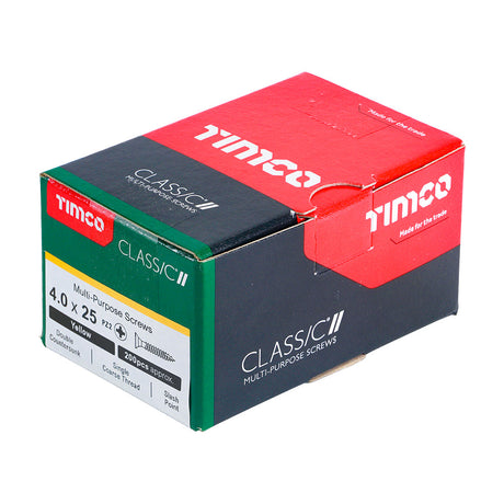 This is an image of Timco - Classic Multi-Purpose Screws - PZ - Double Countersunk - Yellow 4.0 x 25mm - (200 PCS Box) 40025CLAF