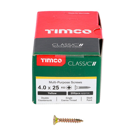 This is an image of Timco - Classic Multi-Purpose Screws - PZ - Double Countersunk - Yellow 4.0 x 25mm - (200 PCS Box) 40025CLAF