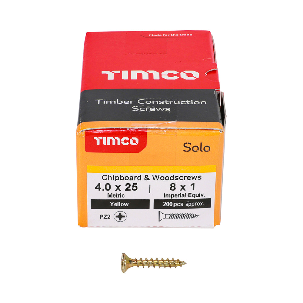 This is an image of Timco - Solo Chipboard & Woodscrews - PZ - Double Countersunk - Yellow 4.0 x 25mm - (200 PCS Box) 40025SOLOC