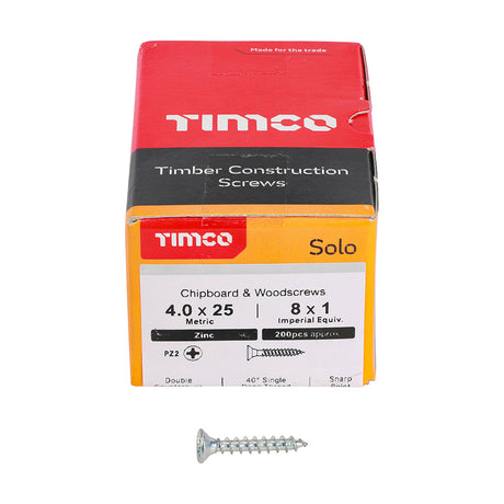 This is an image of Timco - Solo Chipboard & Woodscrews - PZ - Double Countersunk - Zinc 4.0 x 25mm - (200 PCS Box) 40025SOLOZ