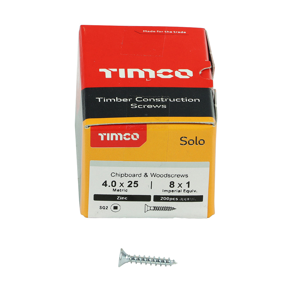 This is an image of Timco - Solo Chipboard & Woodscrews - SQ - Double Countersunk - Zinc 4.0 x 25mm - (200 PCS Box) 40025SQSZ
