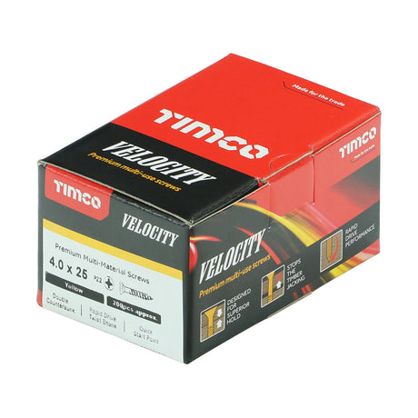 This is an image of Timco - Velocity Premium Multi-Use Screws - PZ - Double Countersunk - Yellow 4.0 x 25mm - (200 PCS Box) 40025VY
