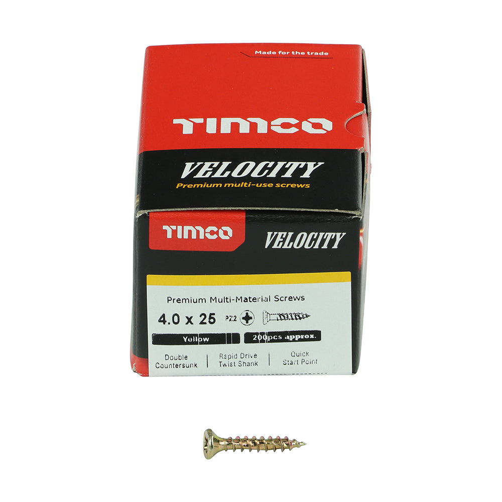 This is an image of Timco - Velocity Premium Multi-Use Screws - PZ - Double Countersunk - Yellow 4.0 x 25mm - (200 PCS Box) 40025VY