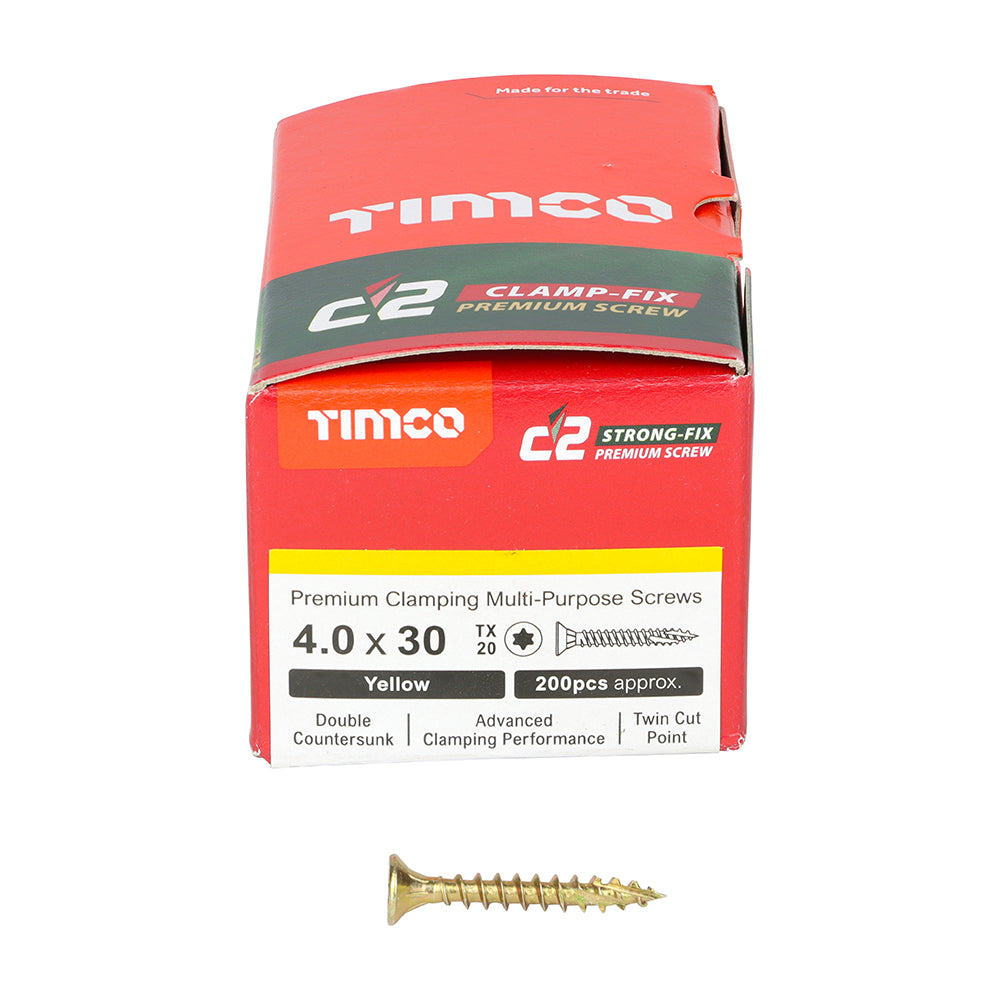 This is an image of Timco - C2 Clamp-Fix Screws - TX - Double Countersunk with Ribs - Twin-Cut - Yellow 4.0 x 30mm - (200 PCS Box) 40030C2C