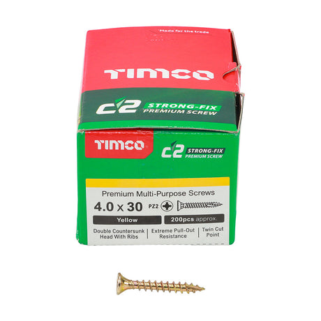 This is an image of Timco - C2 Strong-Fix Screws - PZ - Double Countersunk - Twin-Cut - Yellow 4.0 x 30mm - (200 PCS Box) 40030C2