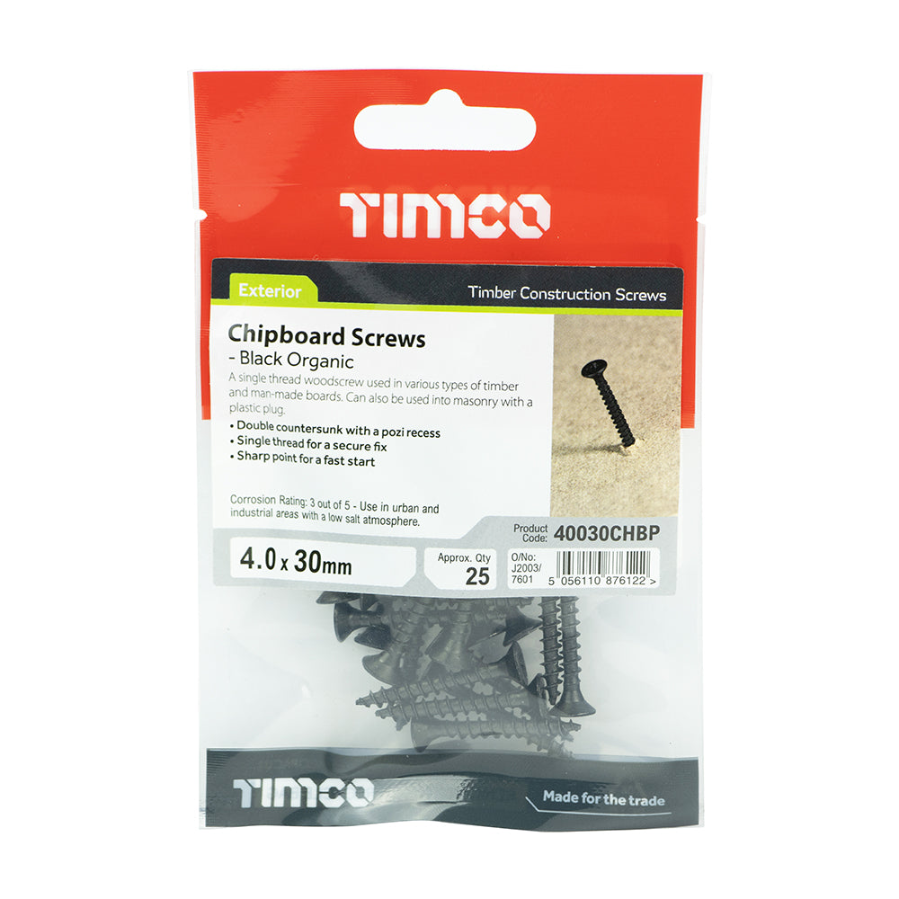 This is an image of Timco - Chipboard Screws - PZ - Double Countersunk - Exterior - Black Organic 4.0 x 30mm - (25 PCS TIMpac) 40030CHBP