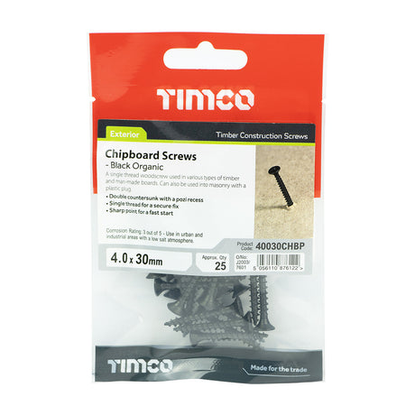 This is an image of Timco - Chipboard Screws - PZ - Double Countersunk - Exterior - Black Organic 4.0 x 30mm - (25 PCS TIMpac) 40030CHBP