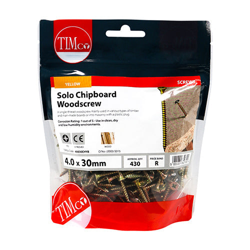 This is an image of Timco - Solo Woodscrews - PZ - Double Countersunk - Yellow 4.0 x 30mm - (430 PCS TIMbag) 40030CHYB