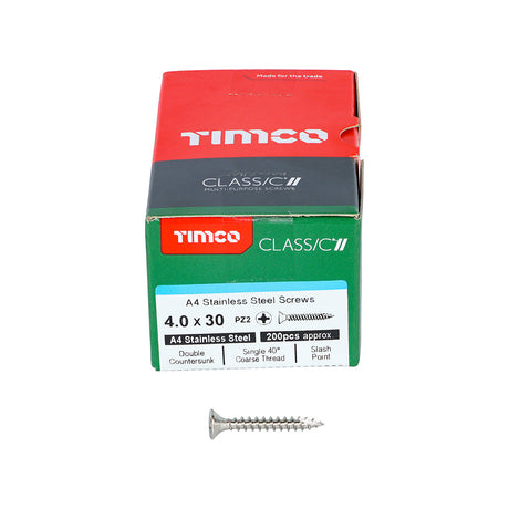 This is an image of Timco - Classic Multi-Purpose Screws - PZ - Double Countersunk - A4 Stainless Steel 4.0 x 30mm - (200 PCS Box) 40030CLA4