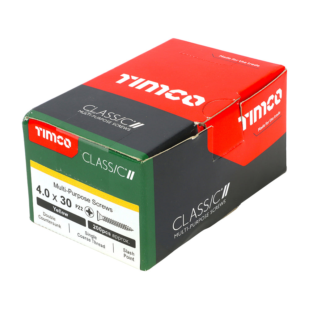 This is an image of Timco - Classic Multi-Purpose Screws - PZ - Double Countersunk - Yellow 4.0 x 30mm - (200 PCS Box) 40030CLAF