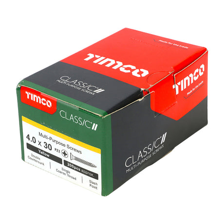 This is an image of Timco - Classic Multi-Purpose Screws - PZ - Double Countersunk - Yellow 4.0 x 30mm - (200 PCS Box) 40030CLAF