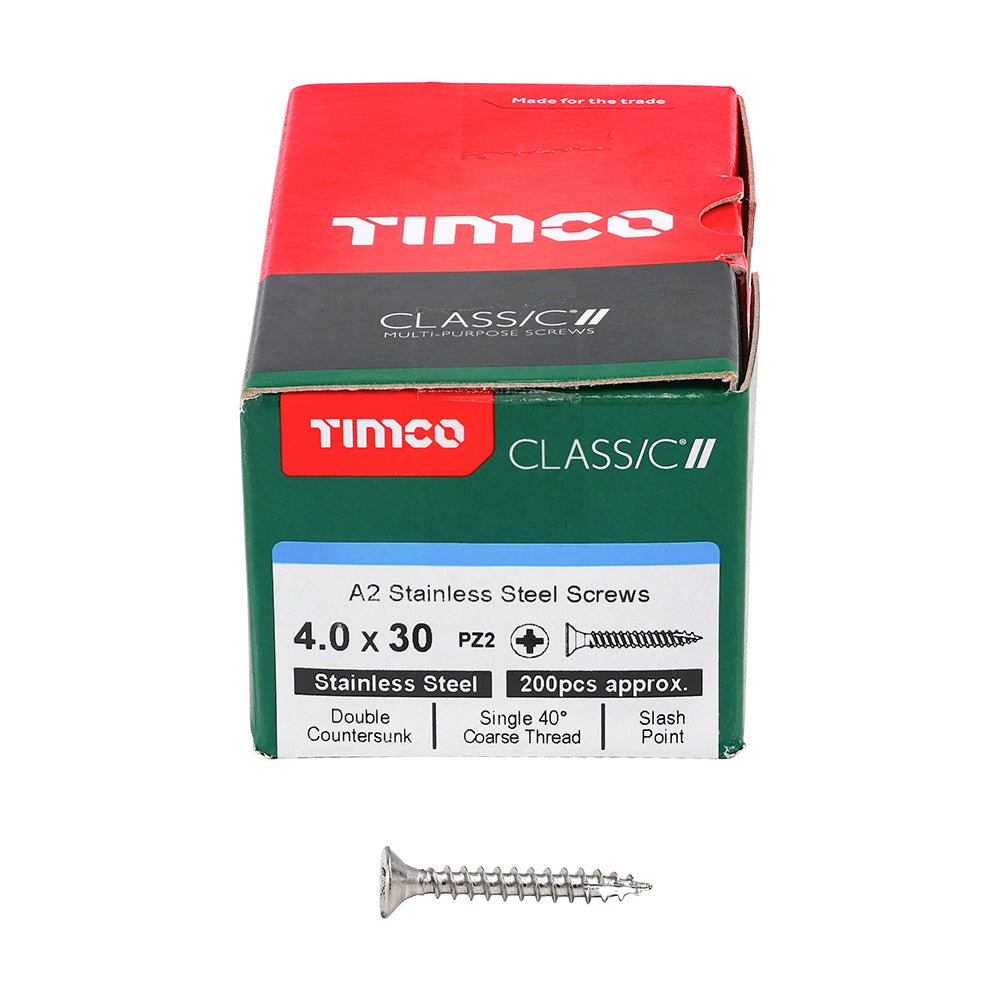 This is an image of Timco - Classic Multi-Purpose Screws - PZ - Double Countersunk - A2 Stainless Steel 4.0 x 30mm - (200 PCS Box) 40030CLASS