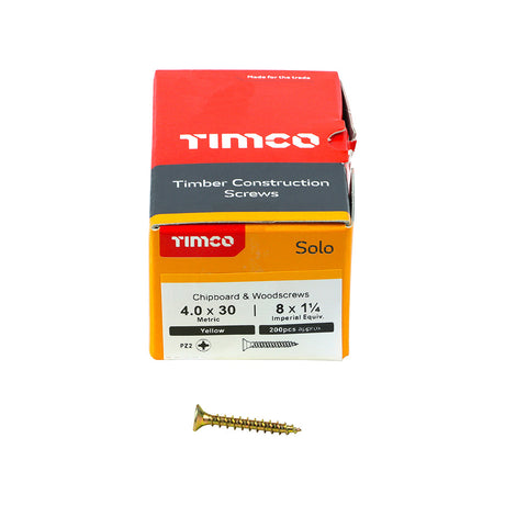 This is an image of Timco - Solo Chipboard & Woodscrews - PZ - Double Countersunk - Yellow 4.0 x 30mm - (200 PCS Box) 40030SOLOC