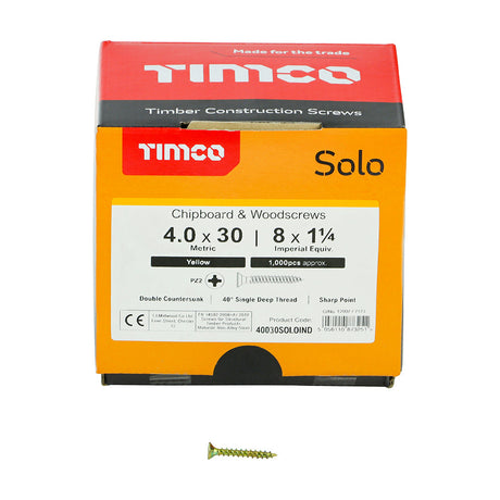 This is an image of Timco - Solo Chipboard & Woodscrews - Industry Pack - PZ - Double Countersunk - Yellow 4.0 x 30mm - (1000 PCS Box) 40030SOLOIND