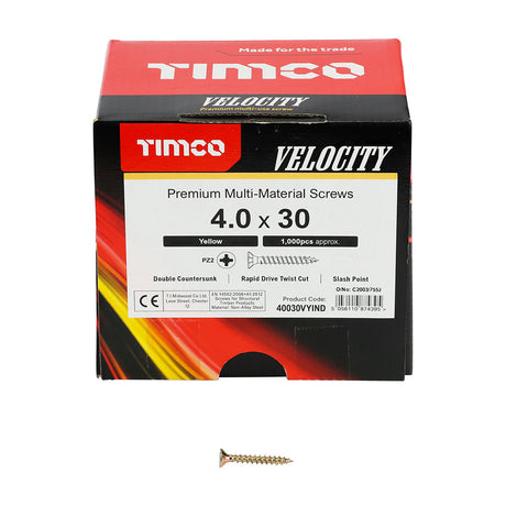 This is an image of Timco - Velocity Premium Multi-Use Screws - PZ - Double Countersunk - Yellow 4.0 x 30mm - (1000 PCS Box) 40030VYIND