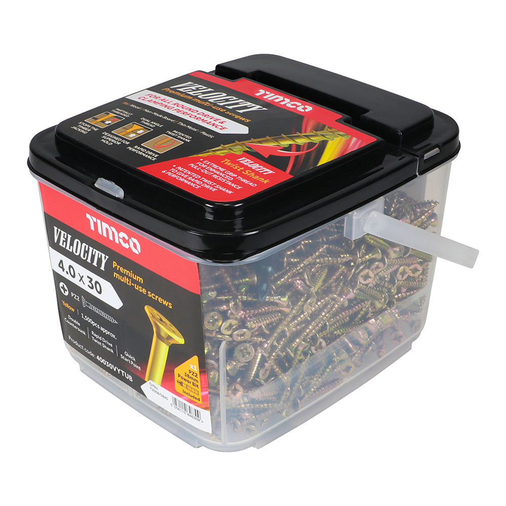 This is an image of Timco - Velocity Premium Multi-Use Screws - PZ - Double Countersunk - Yellow 4.0 x 30mm - (1500 PCS Tub) 40030VYTUB