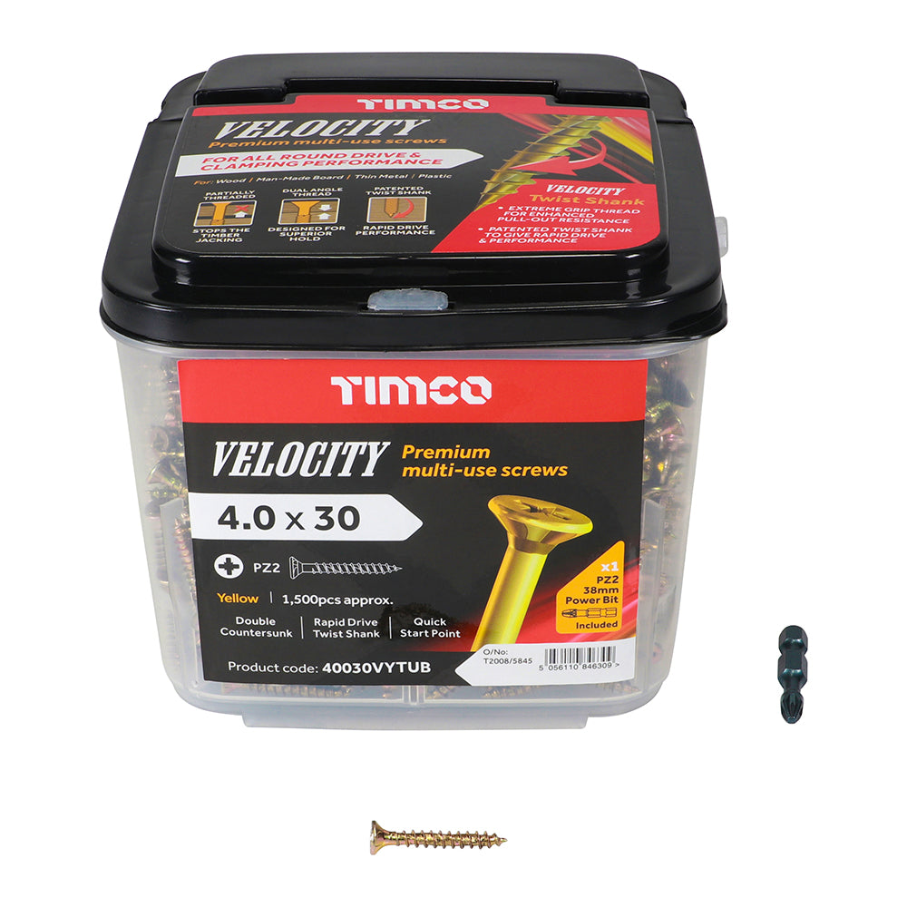 This is an image of Timco - Velocity Premium Multi-Use Screws - PZ - Double Countersunk - Yellow 4.0 x 30mm - (1500 PCS Tub) 40030VYTUB