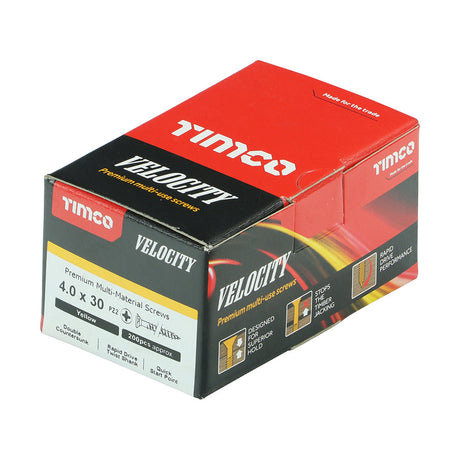 This is an image of Timco - Velocity Premium Multi-Use Screws - PZ - Double Countersunk - Yellow 4.0 x 30mm - (200 PCS Box) 40030VY