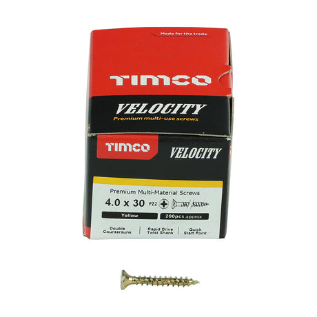 This is an image of Timco - Velocity Premium Multi-Use Screws - PZ - Double Countersunk - Yellow 4.0 x 30mm - (200 PCS Box) 40030VY