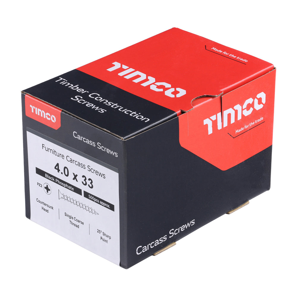 This is an image of Timco - Furniture Carcass Screws - PZ - Black 4.0 x 33mm - (500 PCS Box) 40033CARC