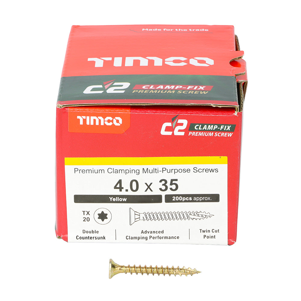 This is an image of Timco - C2 Clamp-Fix Screws - TX - Double Countersunk with Ribs - Twin-Cut - Yellow 4.0 x 35mm - (200 PCS Box) 40035C2C