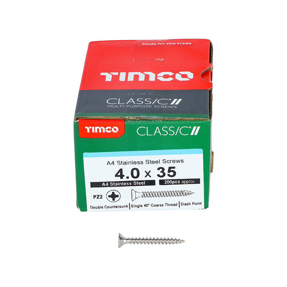 This is an image of Timco - Classic Multi-Purpose Screws - PZ - Double Countersunk - A4 Stainless Steel 4.0 x 35mm - (200 PCS Box) 40035CLA4