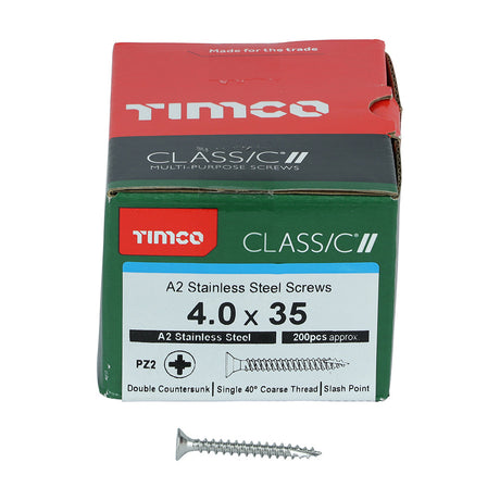This is an image of Timco - Classic Multi-Purpose Screws - PZ - Double Countersunk - A2 Stainless Steel 4.0 x 35mm - (200 PCS Box) 40035CLASS
