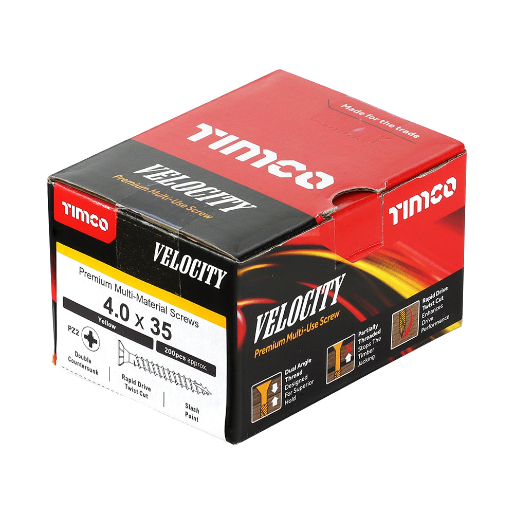 This is an image of Timco - Velocity Premium Multi-Use Screws - PZ - Double Countersunk - Yellow 4.0 x 35mm - (200 PCS Box) 40035VY