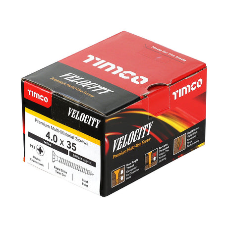 This is an image of Timco - Velocity Premium Multi-Use Screws - PZ - Double Countersunk - Yellow 4.0 x 35mm - (200 PCS Box) 40035VY