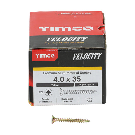 This is an image of Timco - Velocity Premium Multi-Use Screws - PZ - Double Countersunk - Yellow 4.0 x 35mm - (200 PCS Box) 40035VY