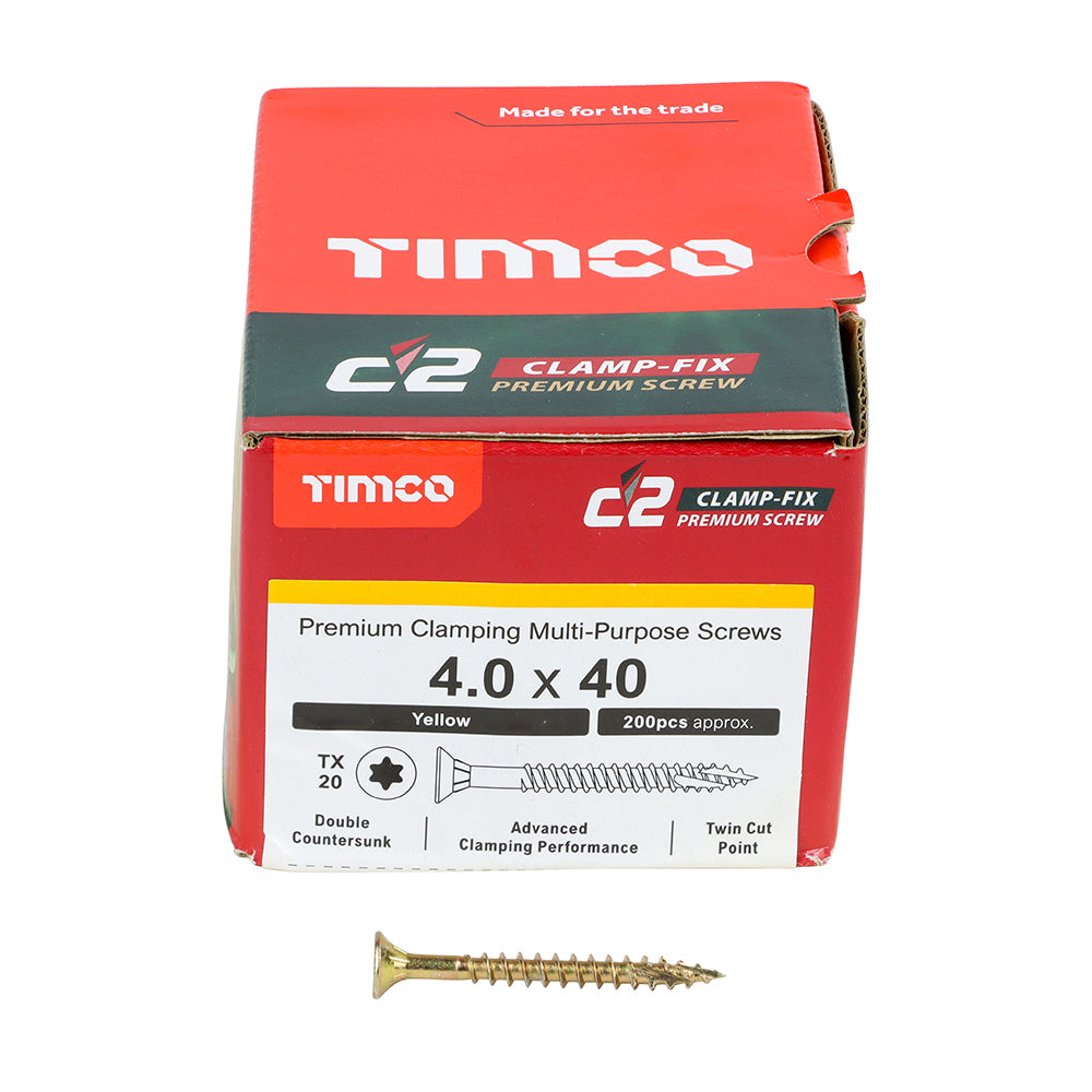 This is an image of Timco - C2 Clamp-Fix Screws - TX - Double Countersunk with Ribs - Twin-Cut - Yellow 4.0 x 40mm - (200 PCS Box) 40040C2C