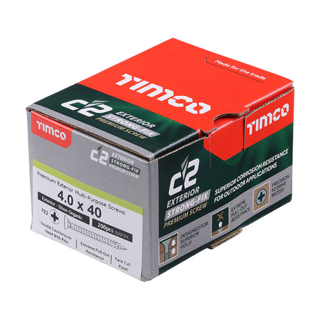 This is an image of Timco - C2 Exterior Strong-Fix Screws - PZ - Double Countersunk with Ribs - Twin-Cut - Silver 4.0 x 40mm - (200 PCS Box) 40040C2SBX