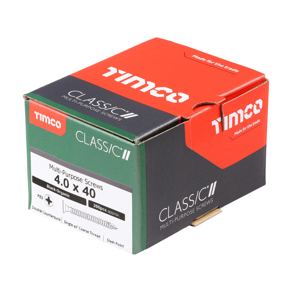 This is an image of Timco - Classic Multi-Purpose Screws - PZ - Double Countersunk - Exterior - Black Organic 4.0 x 40mm - (200 PCS Box) 40040CLAB