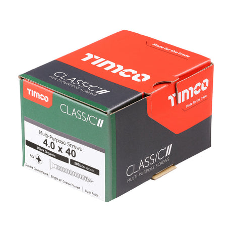 This is an image of Timco - Classic Multi-Purpose Screws - PZ - Double Countersunk - Exterior - Black Organic 4.0 x 40mm - (200 PCS Box) 40040CLAB