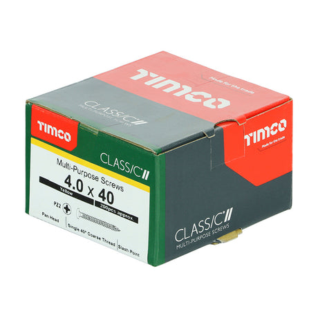 This is an image of Timco - Classic Multi-Purpose Screws - PZ - Pan Head - Yellow 4.0 x 40mm - (200 PCS Box) 40040CLAP