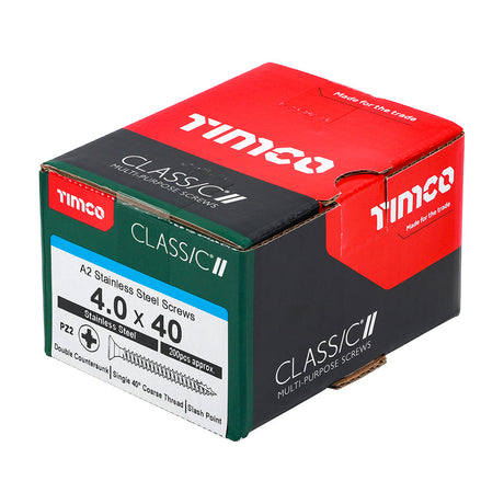 This is an image of Timco - Classic Multi-Purpose Screws - PZ - Double Countersunk - A2 Stainless Steel 4.0 x 40mm - (200 PCS Box) 40040CLASS