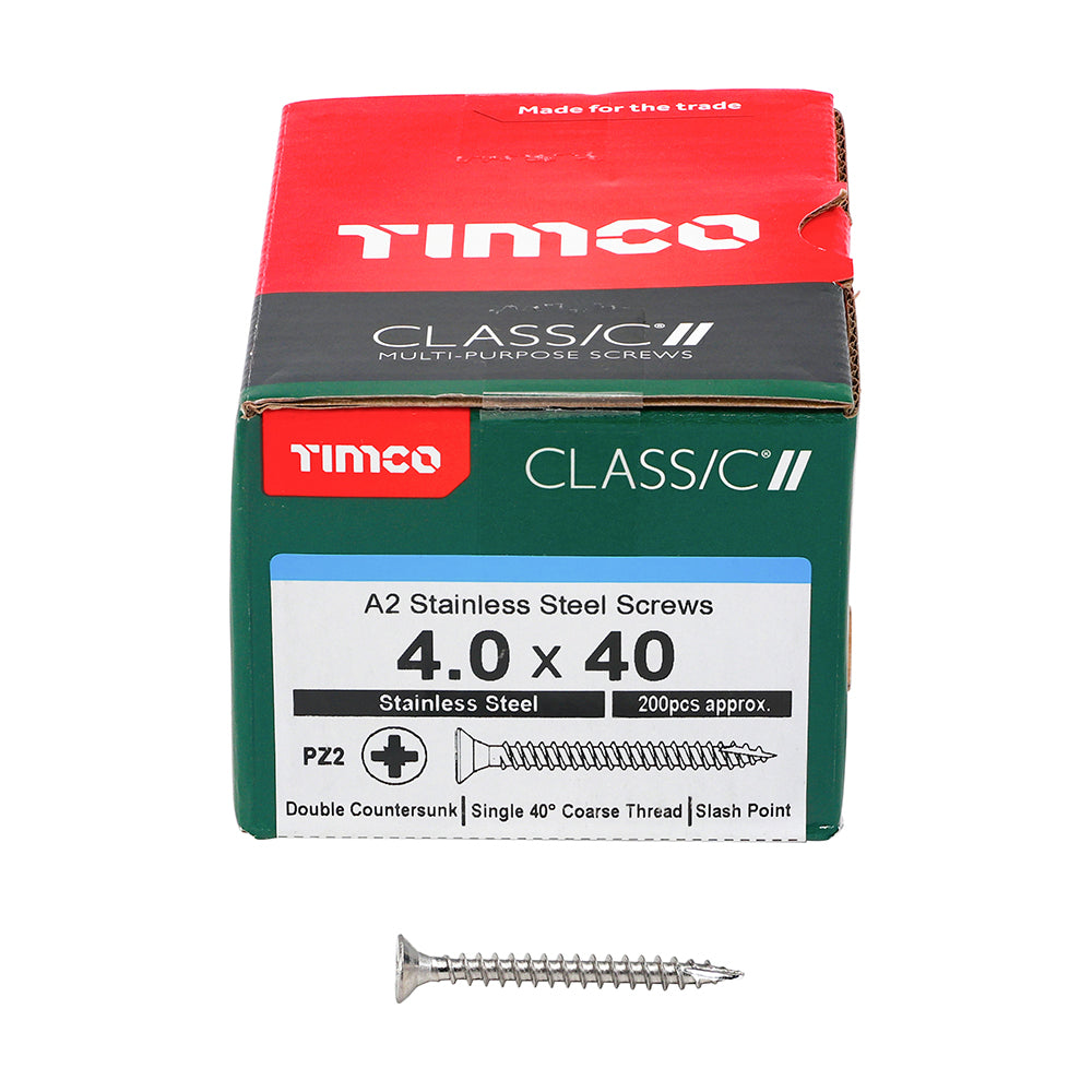 This is an image of Timco - Classic Multi-Purpose Screws - PZ - Double Countersunk - A2 Stainless Steel 4.0 x 40mm - (200 PCS Box) 40040CLASS
