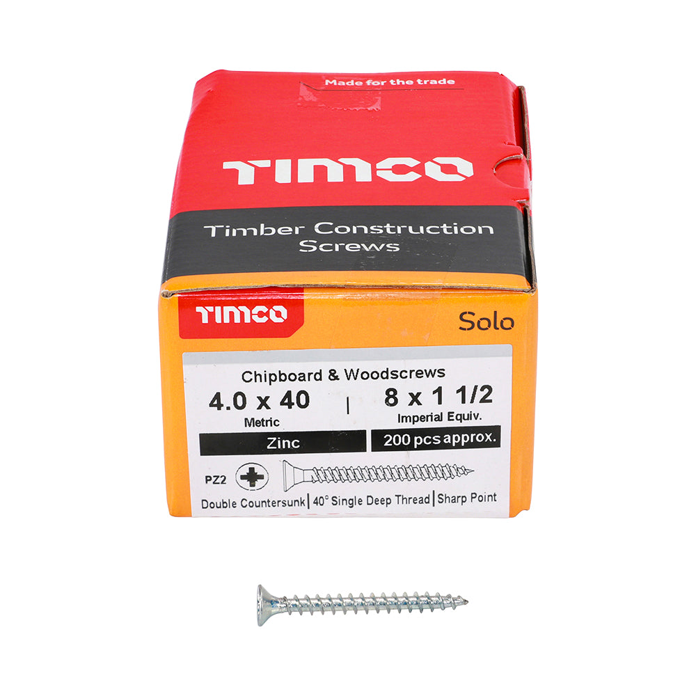 This is an image of Timco - Solo Chipboard & Woodscrews - PZ - Double Countersunk - Zinc 4.0 x 40mm - (200 PCS Box) 40040SOLOZ