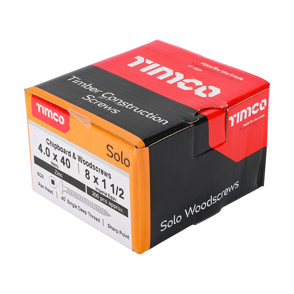 This is an image of Timco - Solo Chipboard & Woodscrews - SQ - Pan - Zinc 4.0 x 40mm - (200 PCS Box) 40040SQPSZ