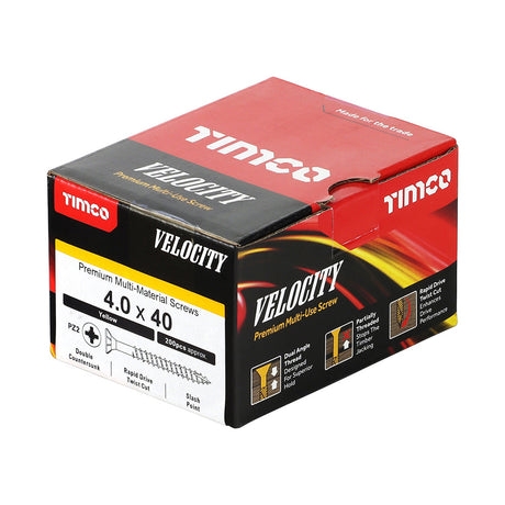 This is an image of Timco - Velocity Premium Multi-Use Screws - PZ - Double Countersunk - Yellow 4.0 x 40mm - (200 PCS Box) 40040VY