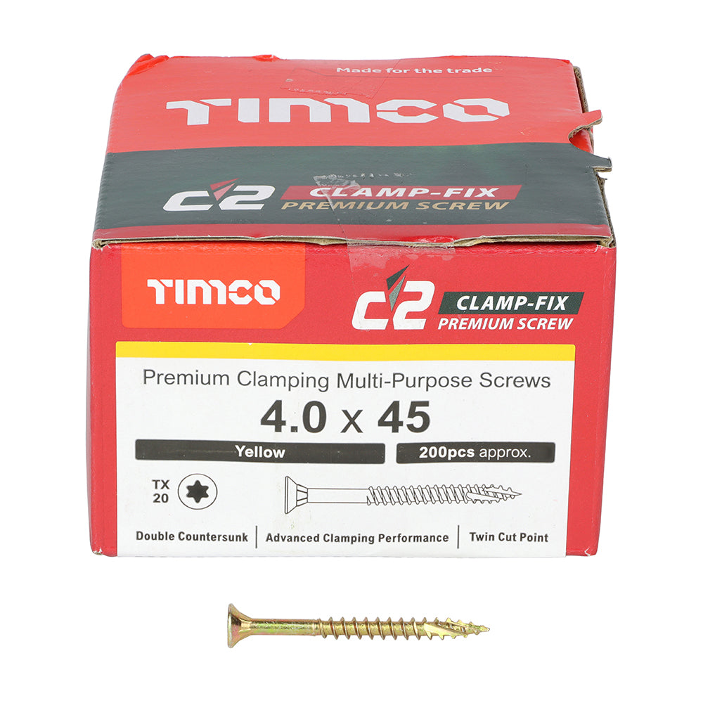 This is an image of Timco - C2 Clamp-Fix Screws - TX - Double Countersunk with Ribs - Twin-Cut - Yellow 4.0 x 45mm - (200 PCS Box) 40045C2C