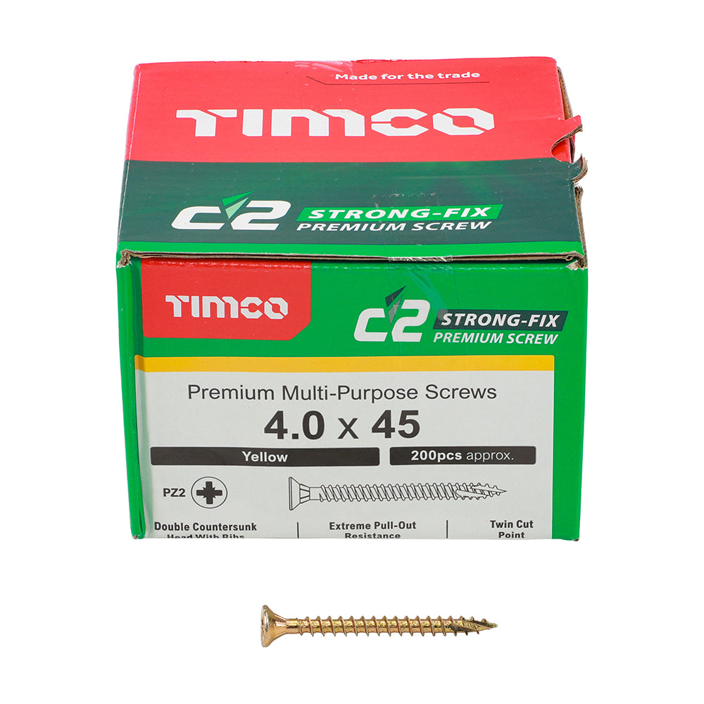 This is an image of Timco - C2 Strong-Fix Screws - PZ - Double Countersunk - Twin-Cut - Yellow 4.0 x 45mm - (200 PCS Box) 40045C2