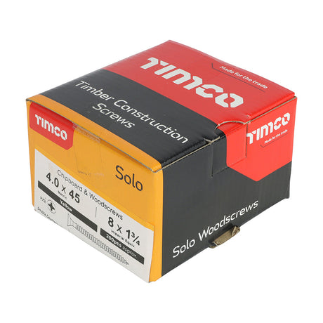 This is an image of Timco - Solo Chipboard & Woodscrews - PZ - Double Countersunk - Yellow 4.0 x 45mm - (200 PCS Box) 40045SOLOC