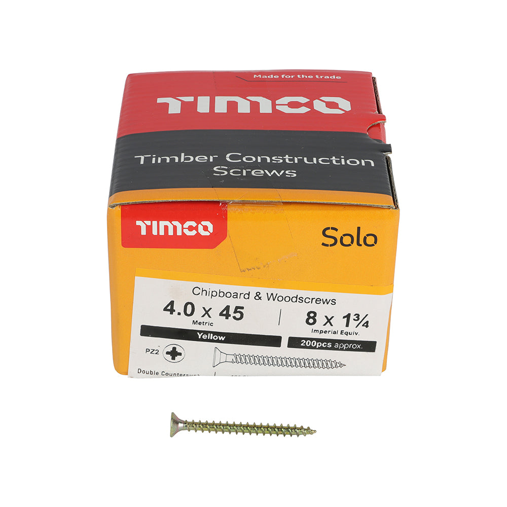 This is an image of Timco - Solo Chipboard & Woodscrews - PZ - Double Countersunk - Yellow 4.0 x 45mm - (200 PCS Box) 40045SOLOC