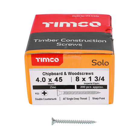 This is an image of Timco - Solo Chipboard & Woodscrews - PZ - Double Countersunk - Zinc 4.0 x 45mm - (200 PCS Box) 40045SOLOZ